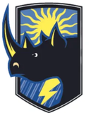 Stylized black rhino logo with yellow sunburst and lightning bolt on a blue shield background