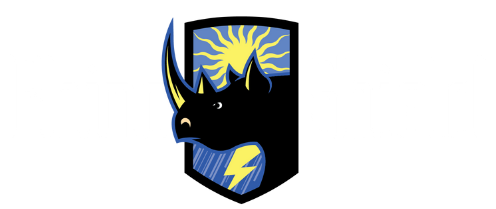 Black rhino logo in a shield with blue and yellow lightning accents and a stylized sunburst background