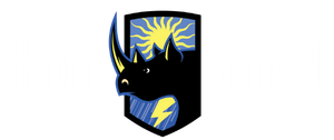 Black rhino logo in a shield with blue and yellow lightning accents and a stylized sunburst background