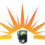 Abstract orange sunburst behind a small dark emblem with a white star and blue accents