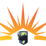 Orange sunburst above a blue shield with yellow star and crescent on white background