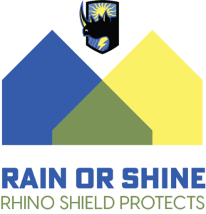 Blue and yellow house shapes with rhino shield logo and text: “RAIN OR SHINE RHINO SHIELD PROTECTS”