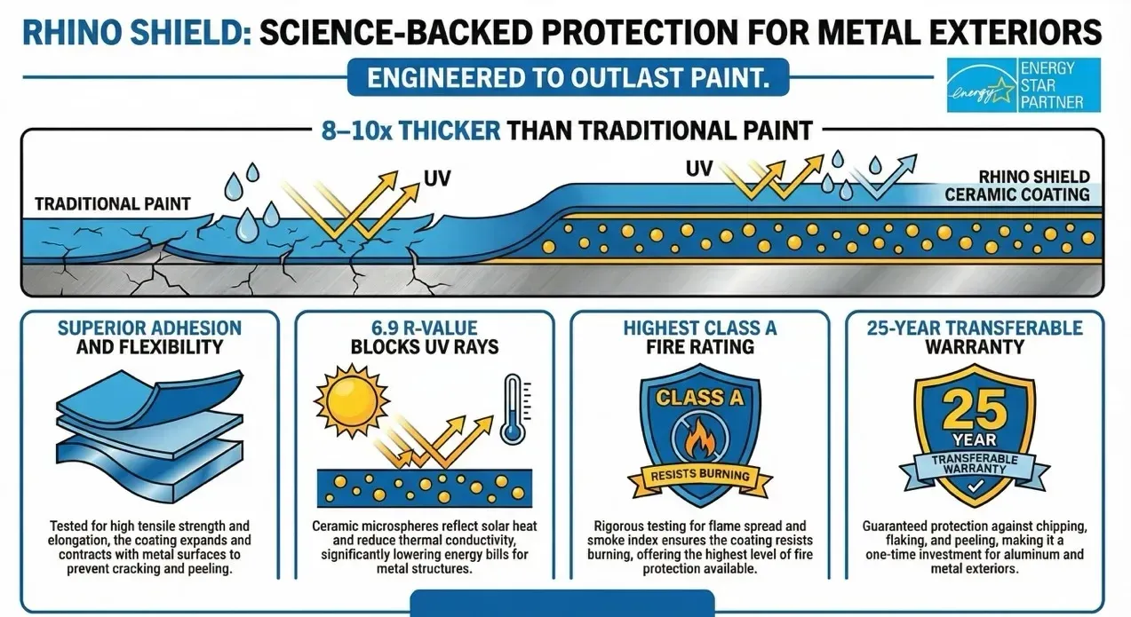 Rhino Shield infographic: metal exterior paint, engineered to outlast paint and 8–10x thicker than traditional paint.