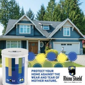 House exterior with Rhino Shield paint bucket and “Protect your home” promotional banner over the driveway