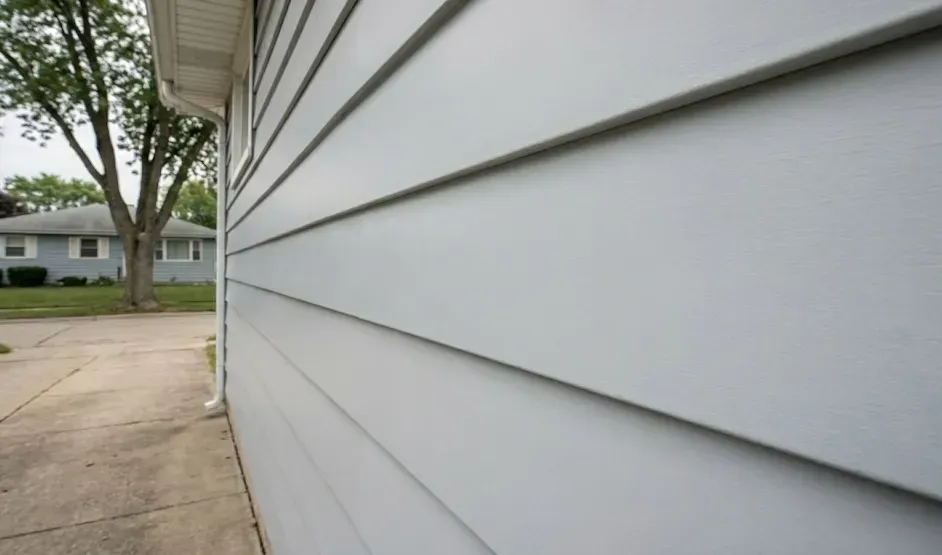 Close-up of white house siding beside a concrete driveway and tree-lined street