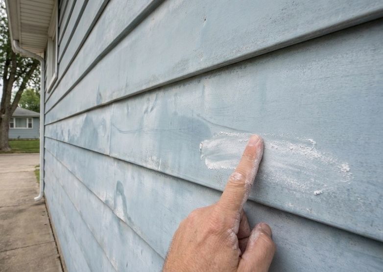 Hand pointing at a patched crack on a blue house siding panel