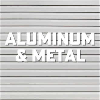 White 3D text reading “ALUMINUM & METAL” on a light gray corrugated metal background
