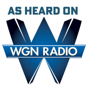 WGN Radio logo with blue “W” and “As Heard On” text