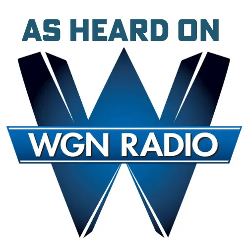 WGN Radio logo with large blue “W” and “AS HEARD ON” above it