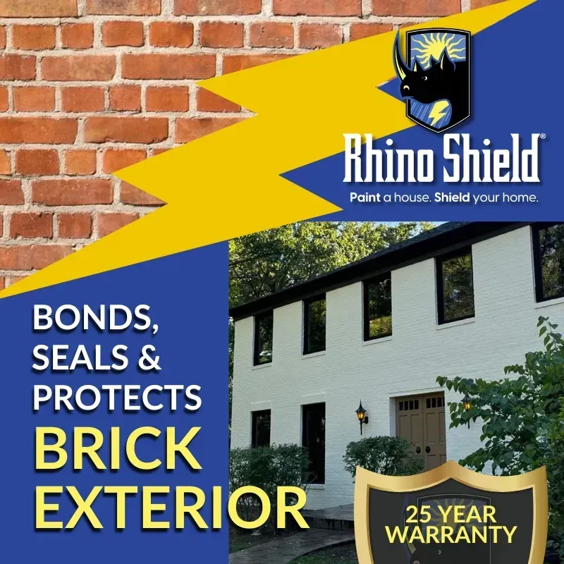 Rhino Shield ad for brick exteriors with blue and yellow design and 25-year warranty