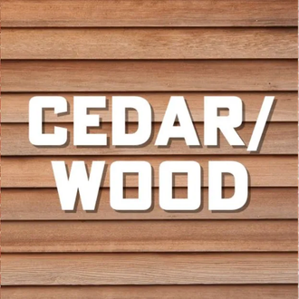White text reading “CEDAR/WOOD” on a cedar wood plank background.