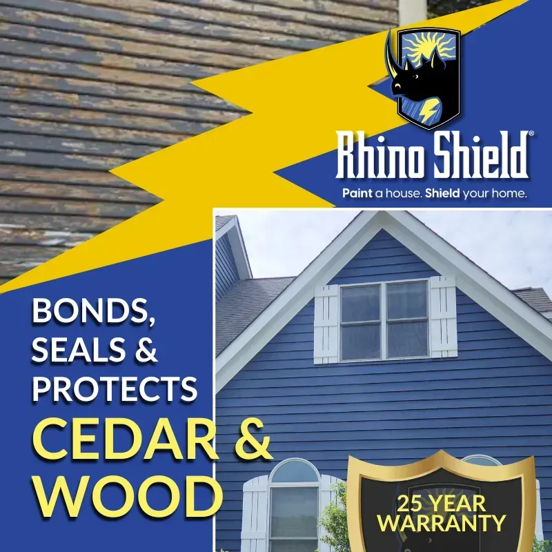 Rhino Shield ad for blue cedar wood siding, with 25-year warranty and text “Bonds, Seals & Protects”