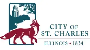 City of St. Charles, Illinois logo with maroon fox and teal riverfront skyline, 1834
