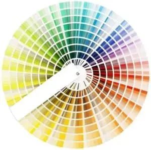 Color wheel with a fan of color swatches, showing a full spectrum from yellow to red, blue, and green