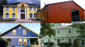 Four colorful houses: yellow and white, red barn-style, blue, and light green exteriors.