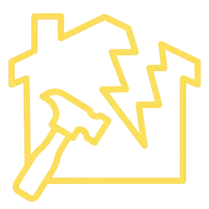 Yellow outline icon of a house being hammered, suggesting home repair or construction