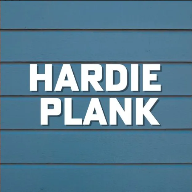 Hardie Plank logo in white on a blue siding background