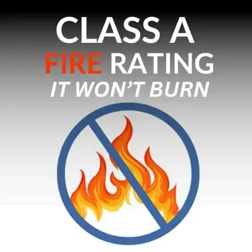Class A fire rating sign with flames crossed out, text “It won’t burn”