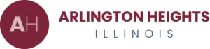 Arlington Heights, Illinois logo with maroon AH monogram and red city name text