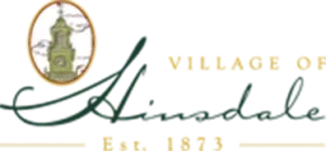 Village of Hinsdale logo with green script and village seal, “Est. 1873” text on white background