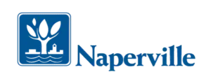 Naperville logo: blue square with white fountain and leaves beside blue city name