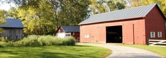 Red barn with open door in a sunny grassy yard, with smaller buildings and trees nearby.