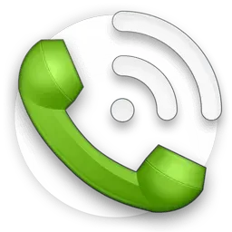Green telephone handset with white wireless signal waves on a circular white background