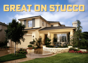 Luxury beige stucco house with landscaped front yard and bold text reading “GREAT ON STUCCO”