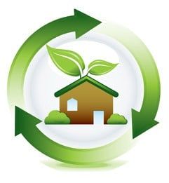 Green recycling arrows around a house with leaves, symbolizing eco-friendly home energy.