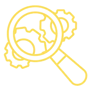 Yellow line icon of a magnifying glass over gears and a globe, suggesting search or analysis.