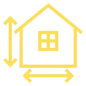 Yellow house icon with up-down and left-right arrows, indicating resize or dimensions