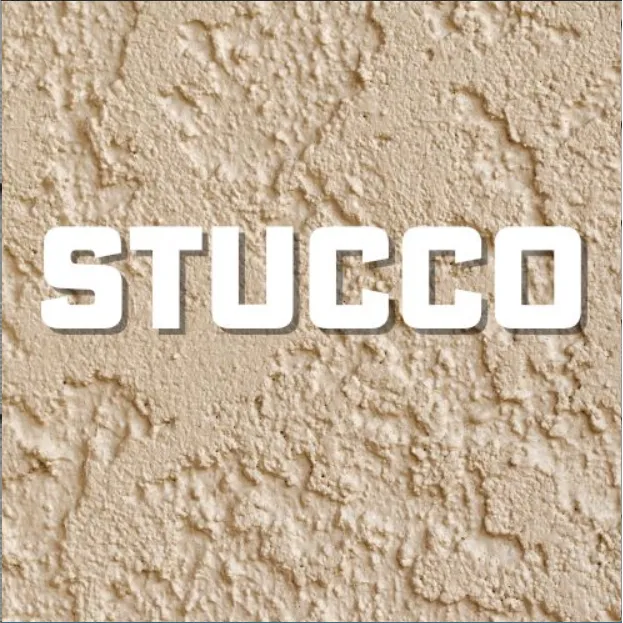 White “STUCCO” text on a beige stucco wall background