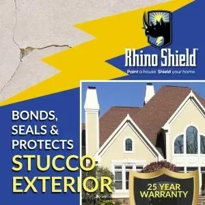 Rhino Shield ad for stucco exterior protection, with house photo and 25-year warranty badge.