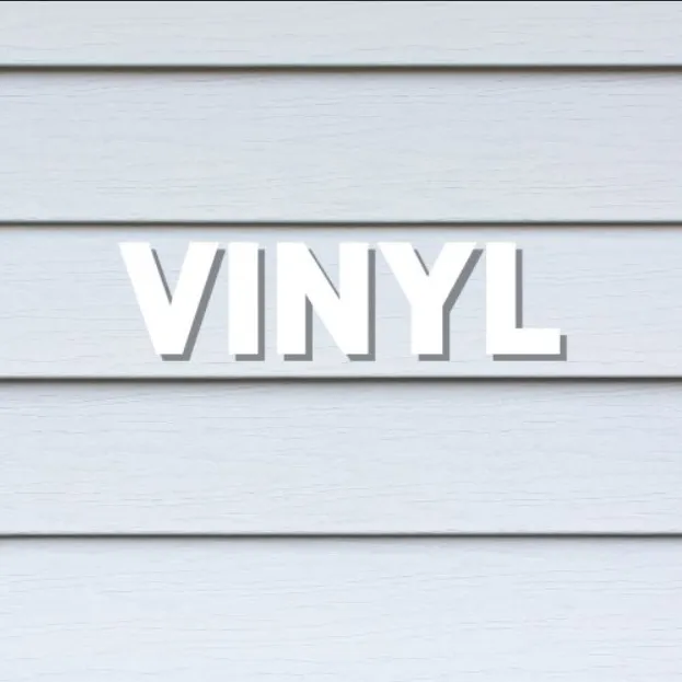 White vinyl siding with the word “VINYL” in raised white letters