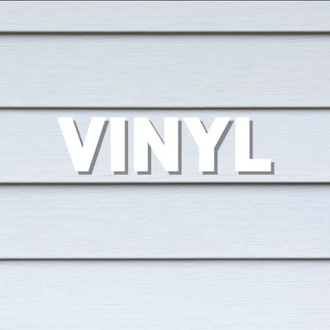 White 3D “VINYL” text on a light gray wood-panel background
