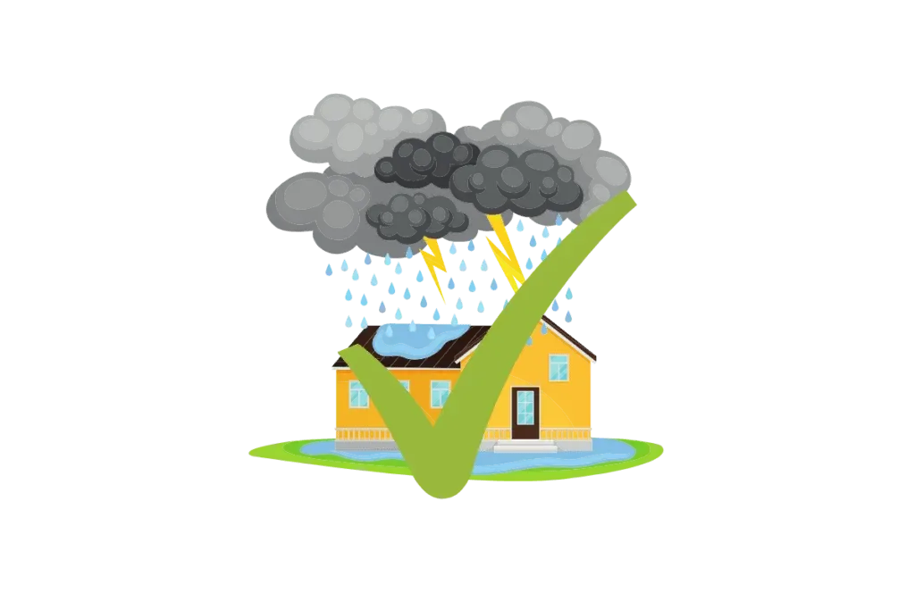 Yellow house under dark storm clouds with rain and a large green check mark over it
