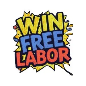 Comic-style text reading “WIN FREE LABOR” in yellow, blue, and red with a starburst background.