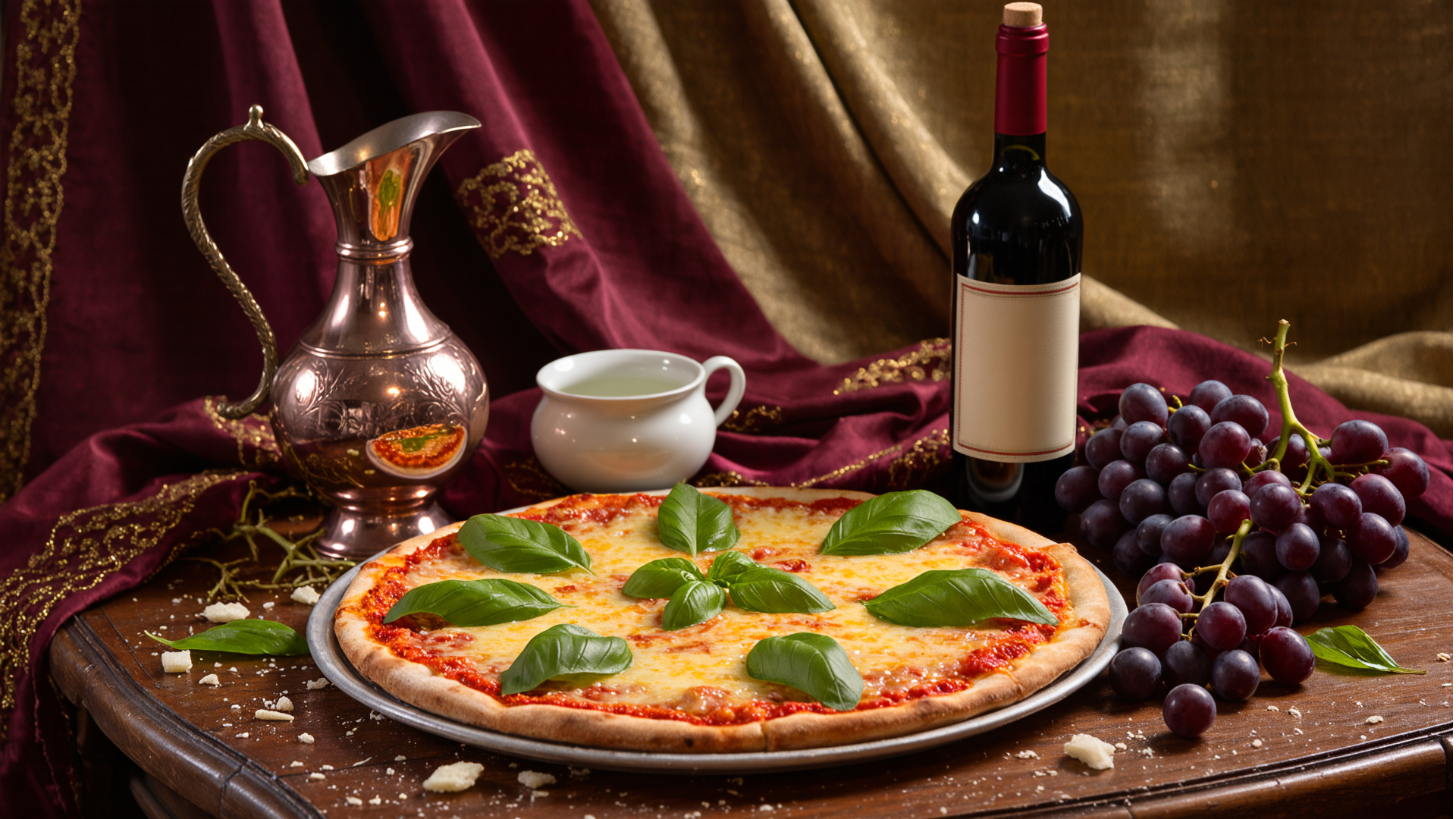 Pizza with basil, wine, grapes, and a silver pitcher on a table with a red curtain backdrop.
