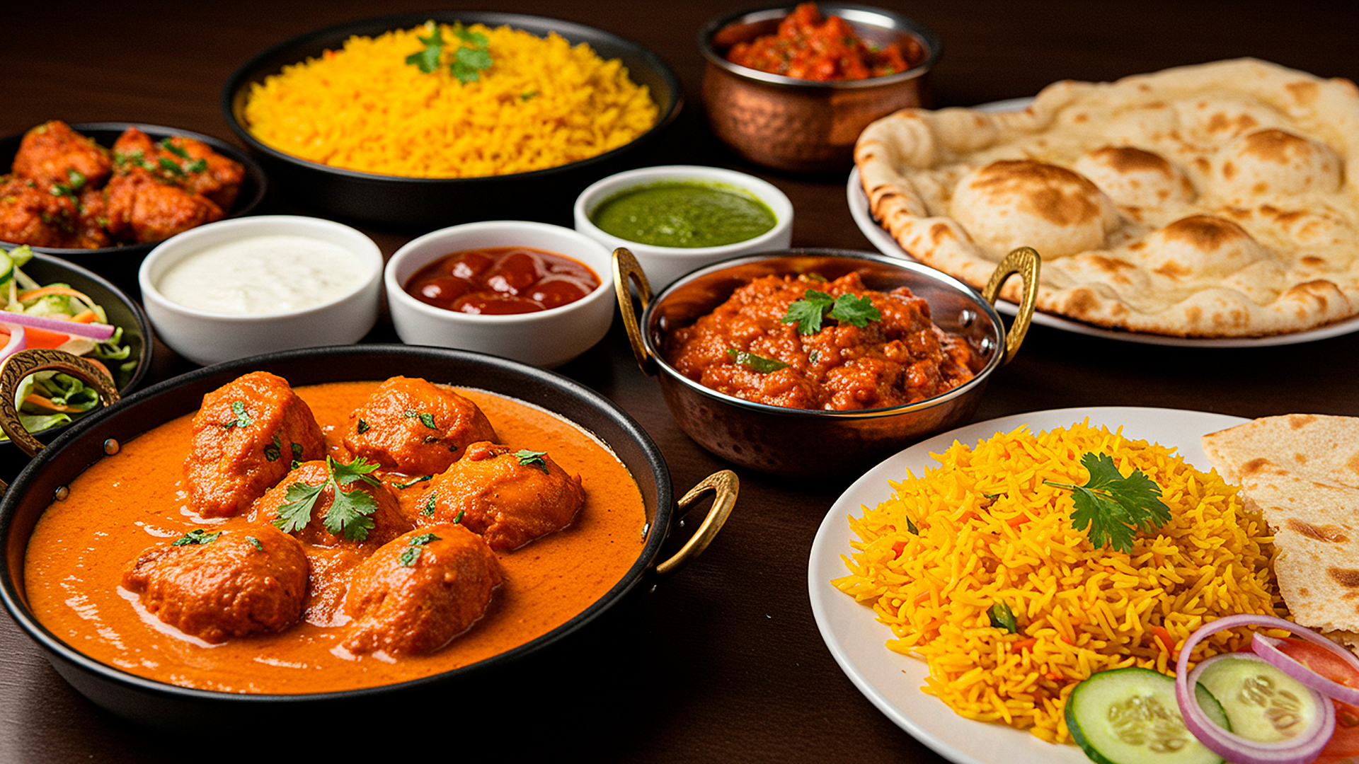 Indian food spread: various curries, rice, naan, sauces, and garnishes in copper bowls and on a table.