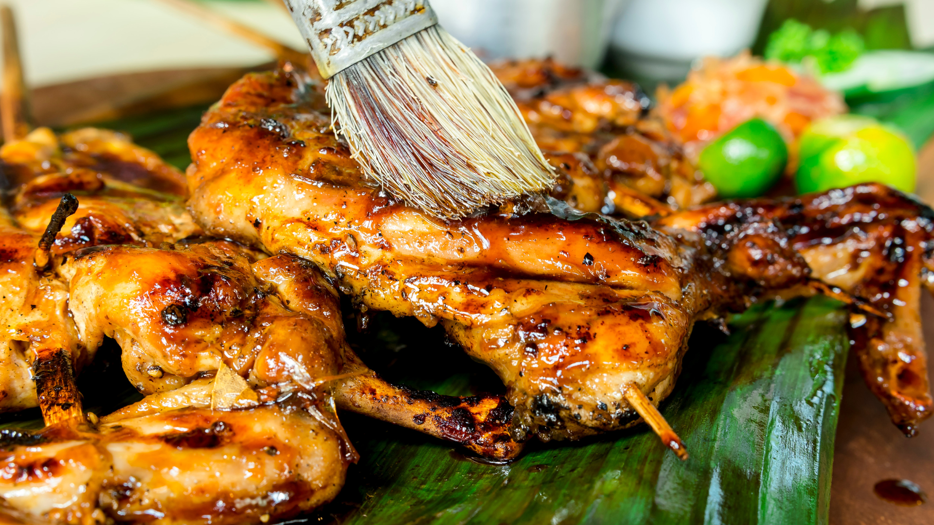 Grilled chicken being brushed with sauce.