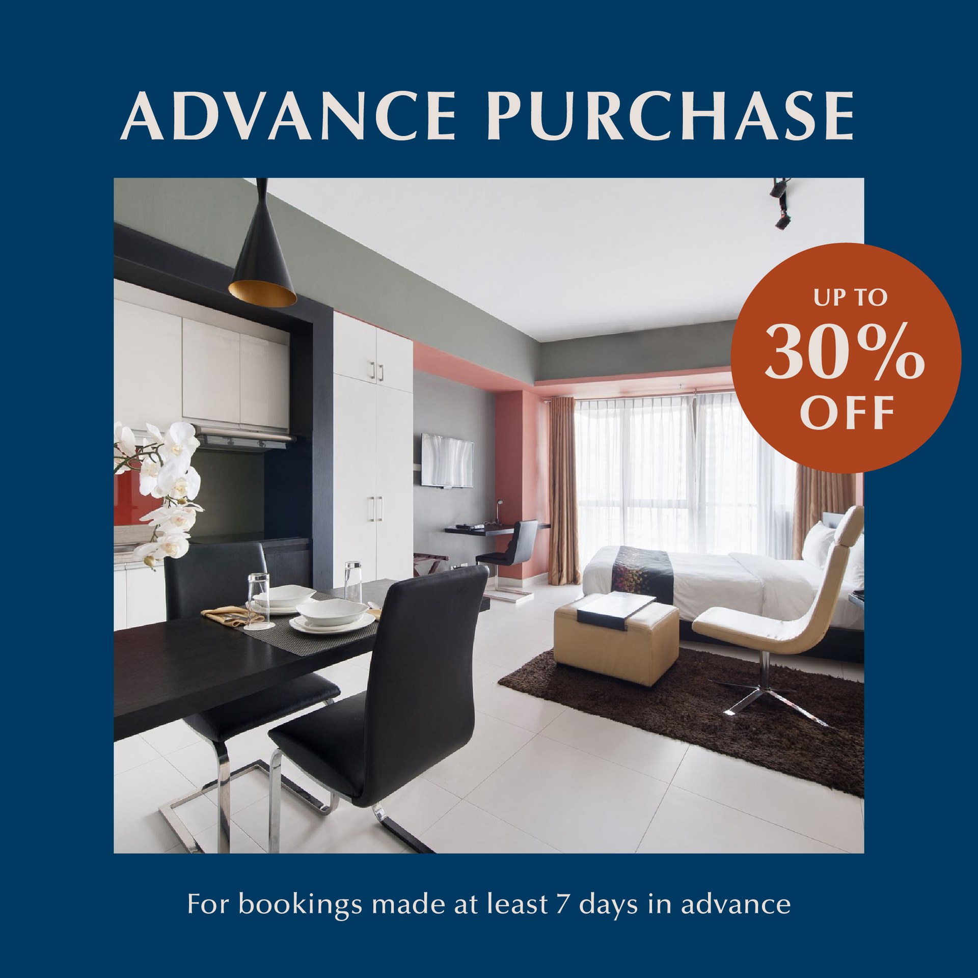 A picture of a living room with the words advance purchase up to 30 % off