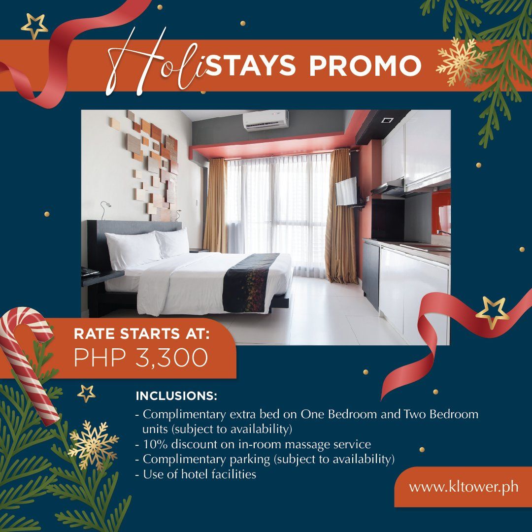 Hotel promo for holiday stays. Room with a bed, rates starting at PHP 3,300 with inclusions.