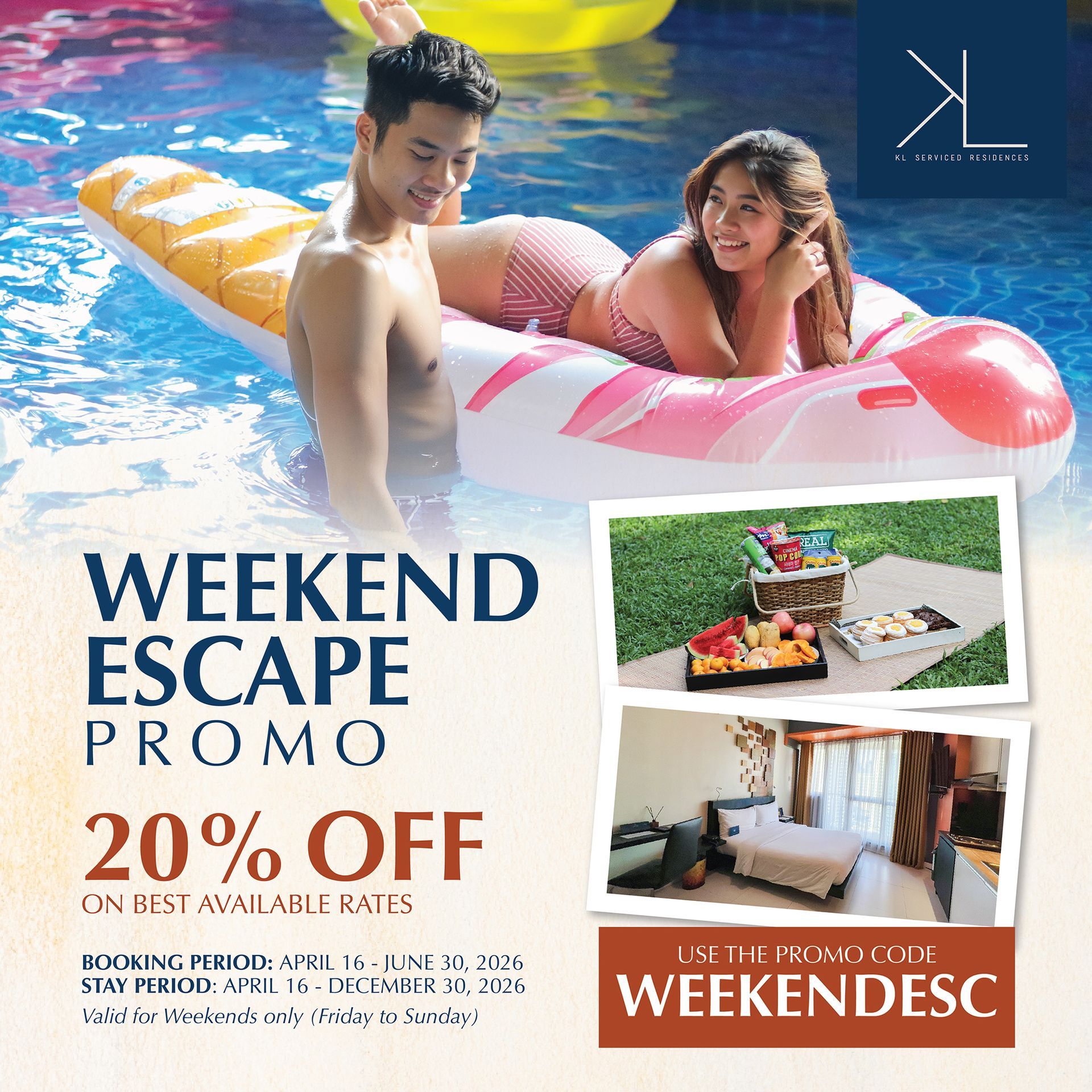 Stylish hotel room in Makati with comfortable bed and Limited Time Deal offering 20% off for staycations.