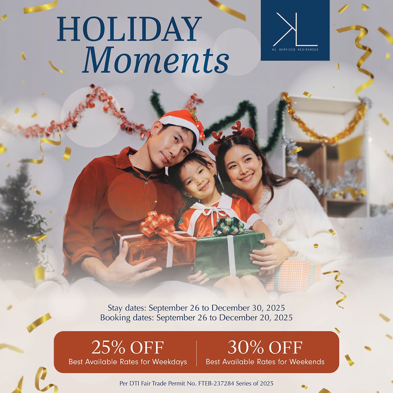 Family holding gifts with holiday decorations. Sale offering 25% and 30% off, September 25-December 25, 2023.
