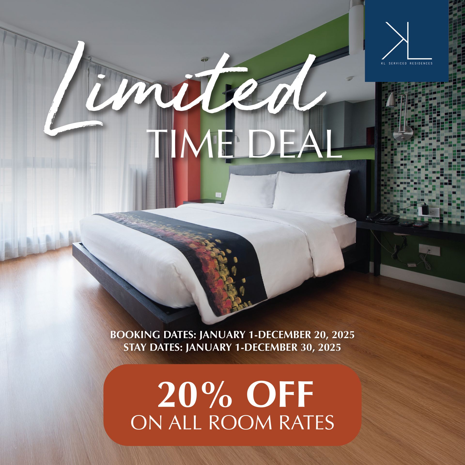 Stylish hotel room in Makati with comfortable bed and Limited Time Deal offering 20% off for staycations.