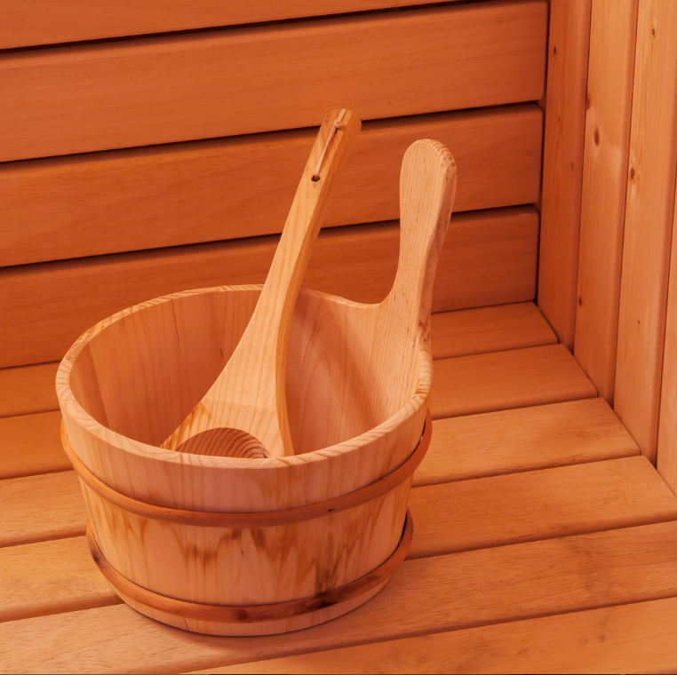Wooden sauna bucket and ladle set inside KL Serviced Residences sauna