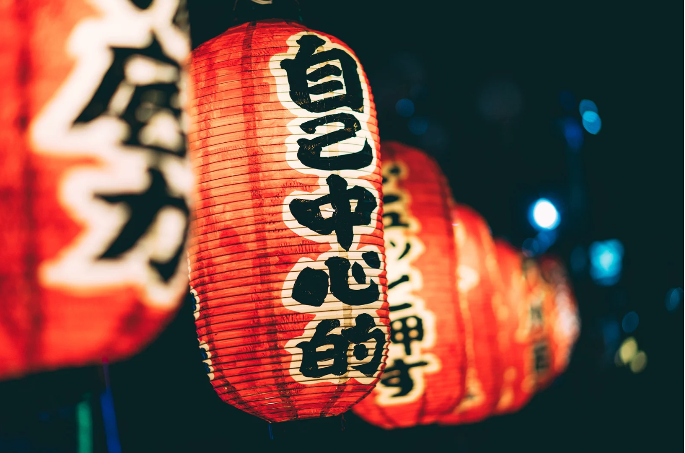 Red paper lanterns with black Japanese characters hanging in the dark.