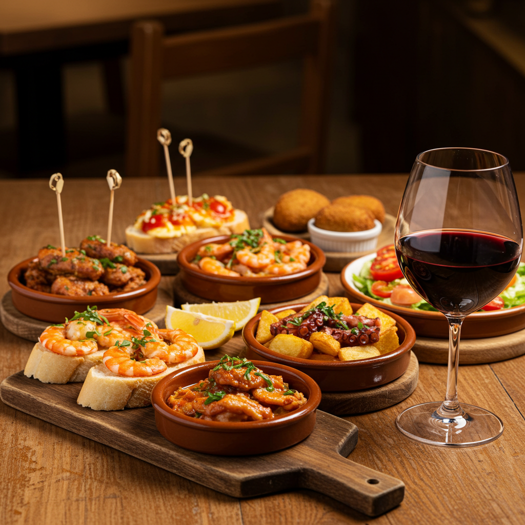 Variety of Spanish tapas dishes with red wine glass on a wooden table.