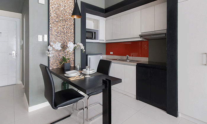Modern studio kitchen and dining area at KL Serviced Residences Makati