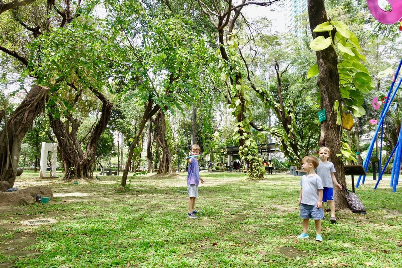 Children standing in a grassy park among trees, with a blue swing set on the right.